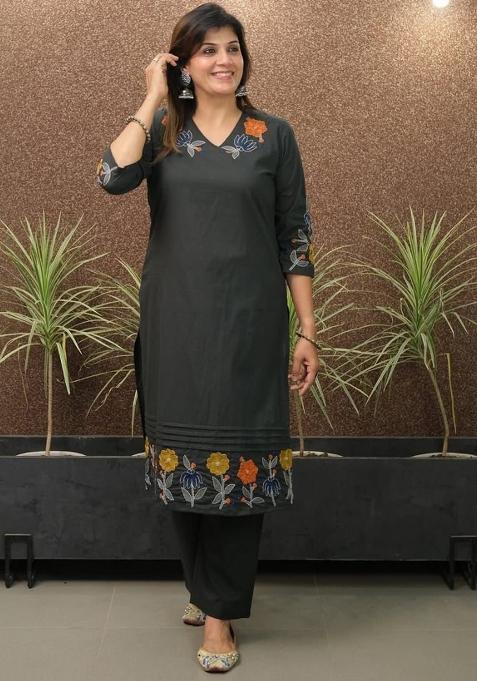 Black Embroidered Cotton Kurta Set