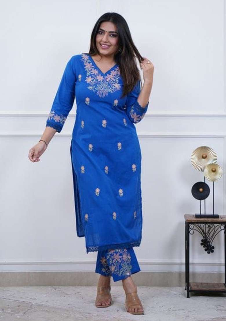 Blue Embroidered Cotton Kurta Set - Indya