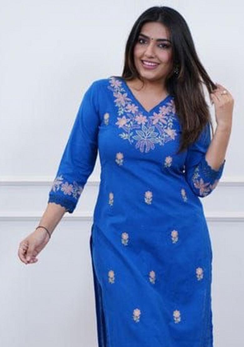 Blue Embroidered Cotton Kurta Set - Indya
