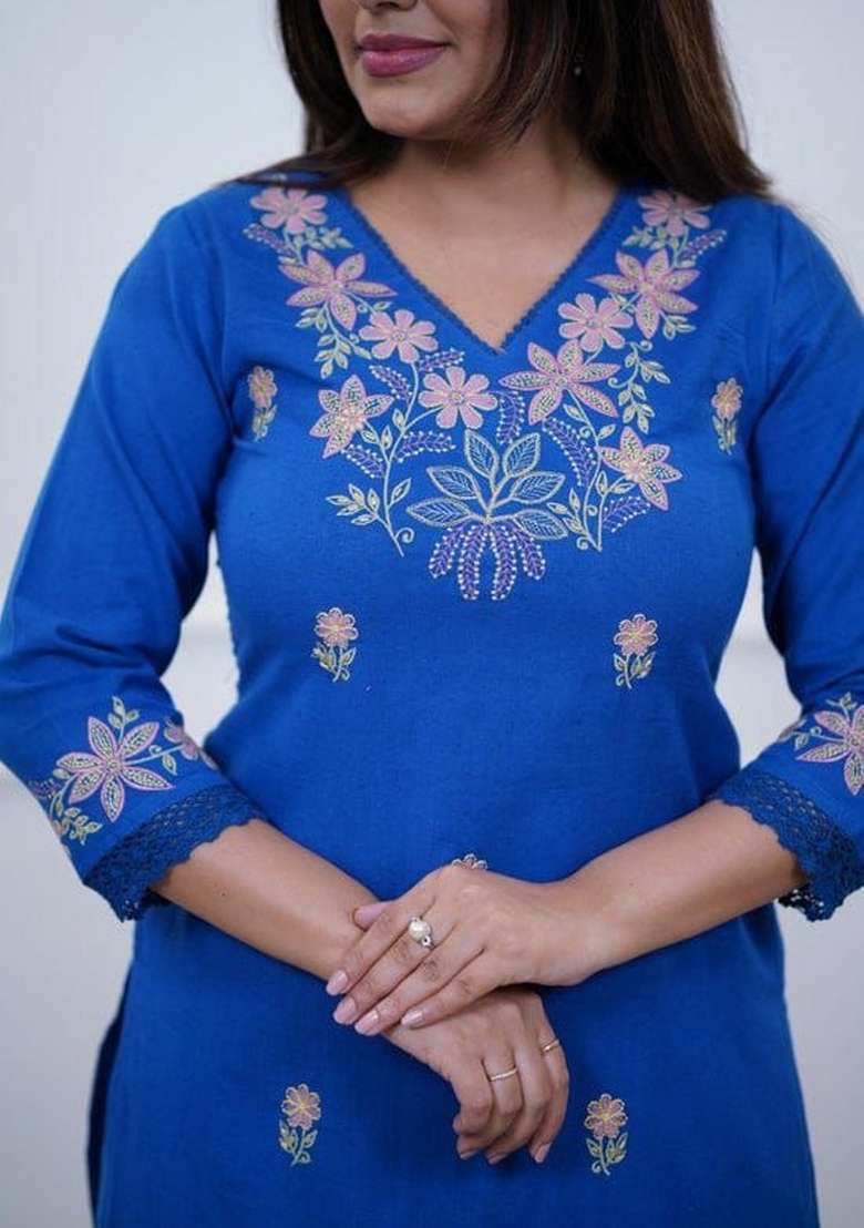Blue Embroidered Cotton Kurta Set - Indya