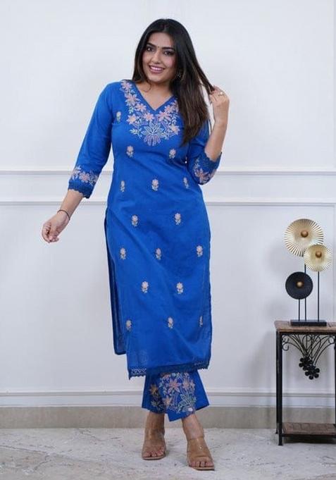 Blue Embroidered Cotton Kurta Set