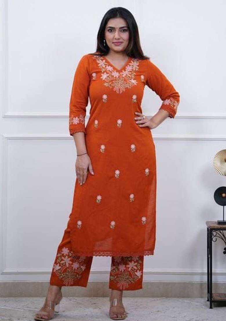 Rust Embroidered Cotton Kurta Set - Indya