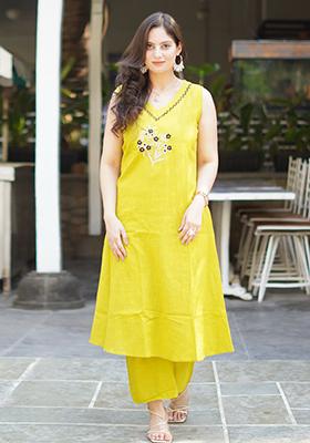 Yellow Embroidered Cotton Kurta Set