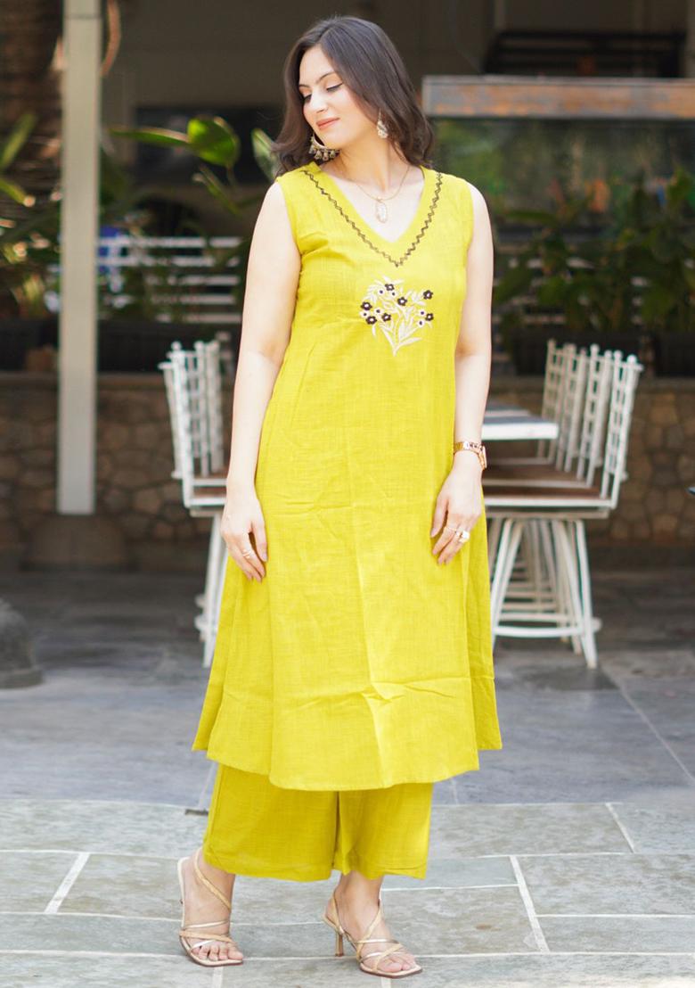 Yellow Embroidered Cotton Kurta Set - Indya