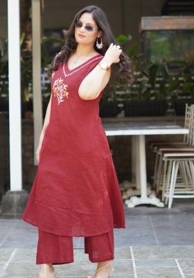 Maroon Embroidered Cotton Kurta Set