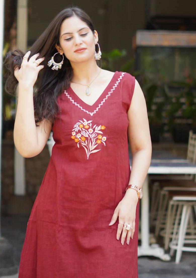 Maroon Embroidered Cotton Kurta Set - Indya