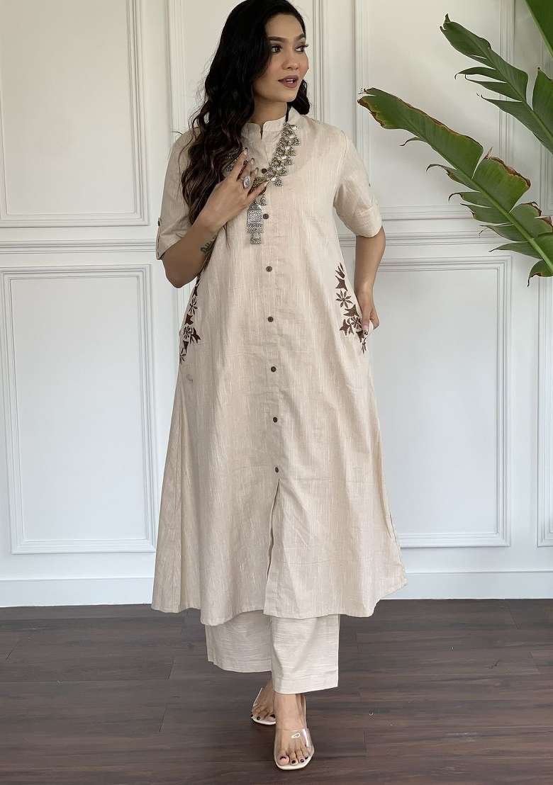 White Printed Cotton Kurta Set - Indya