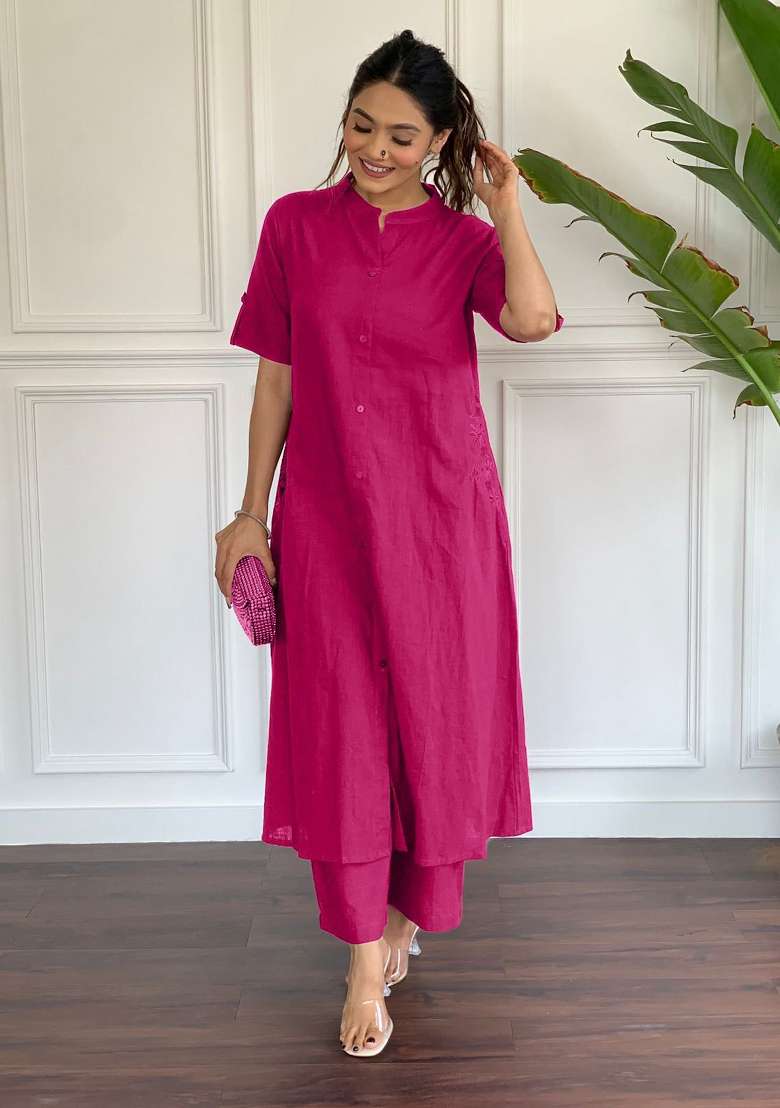 Maroon Printed Cotton Kurta Set - Indya