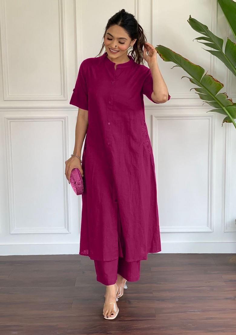 Maroon Printed Cotton Kurta Set - Indya