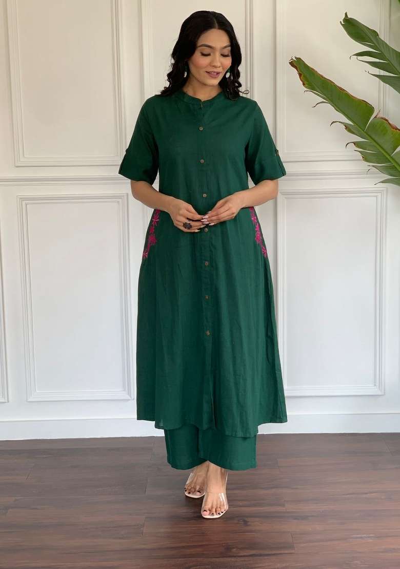 Green Printed Cotton Kurta Set - Indya