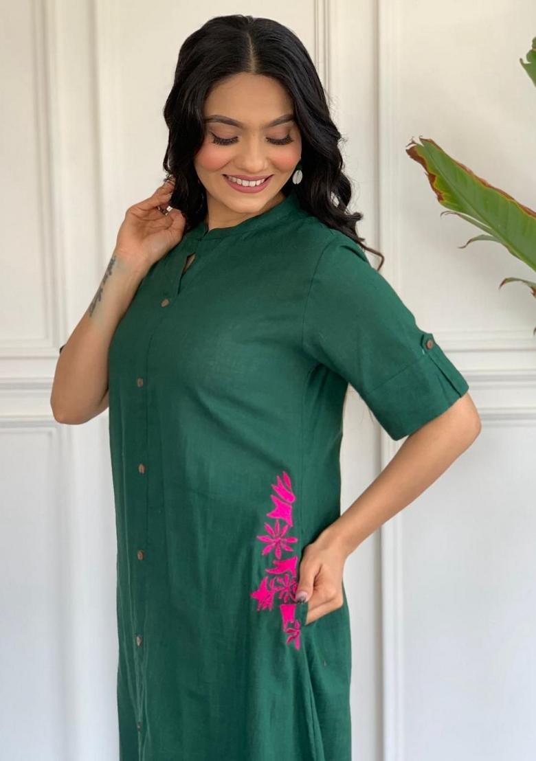 Green Printed Cotton Kurta Set - Indya
