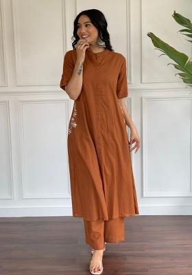 Brown Printed Cotton Kurta Set