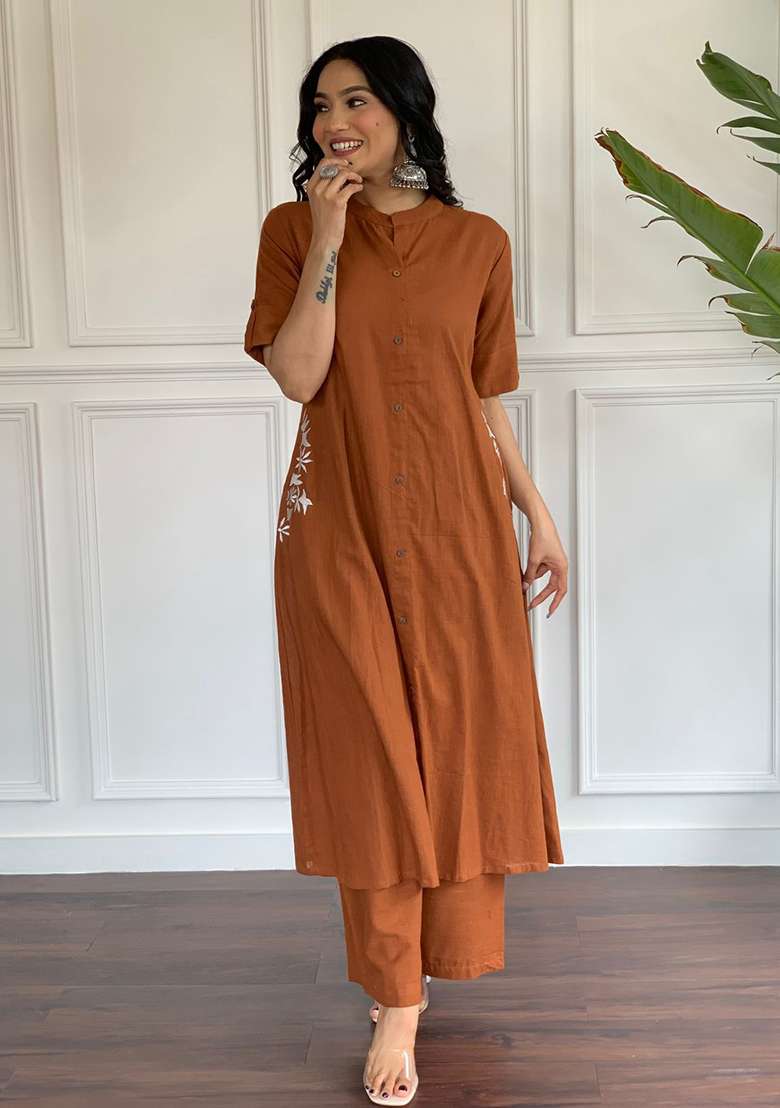Brown Printed Cotton Kurta Set - Indya