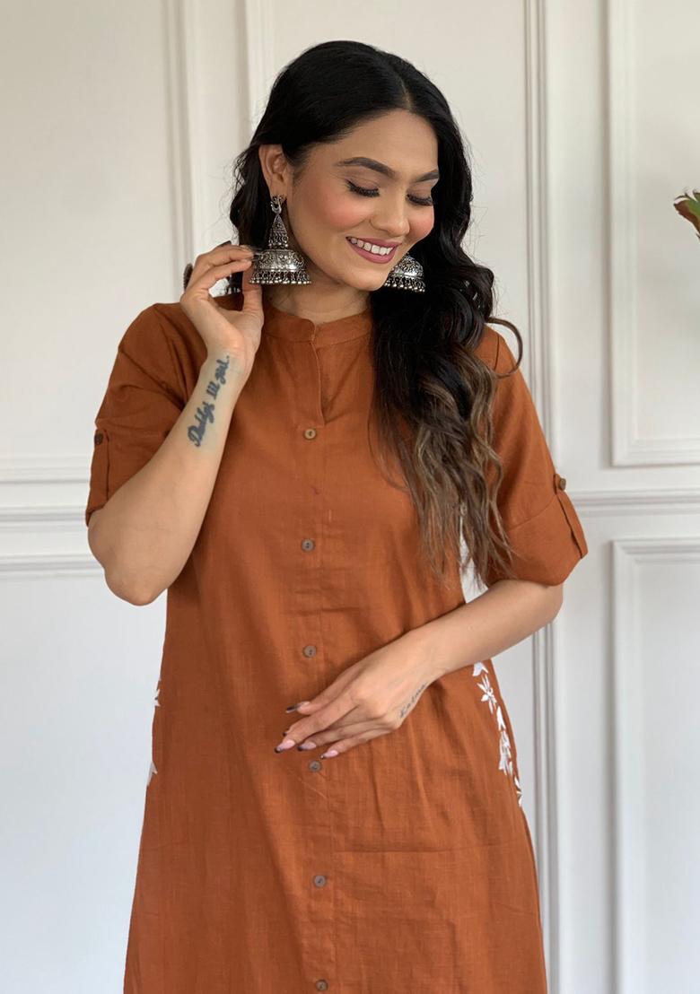 Brown Printed Cotton Kurta Set - Indya