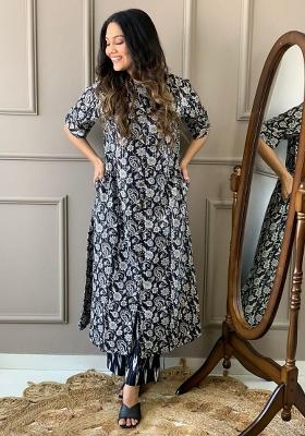 Black Printed Cotton Kurta Set