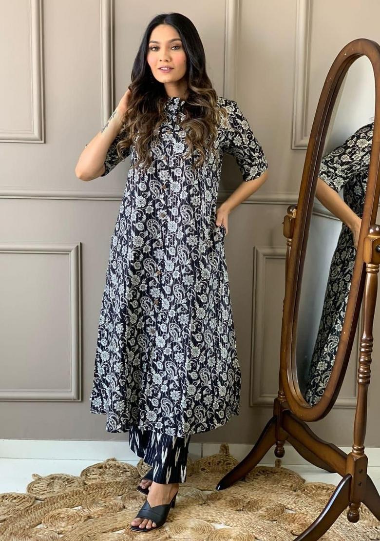 Black Printed Cotton Kurta Set - Indya