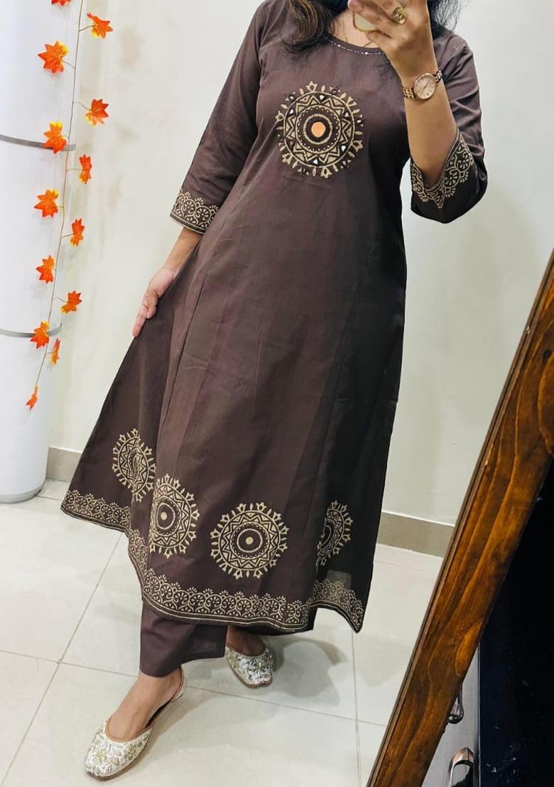 Brown Embroidered Cotton Kurta Set - Indya