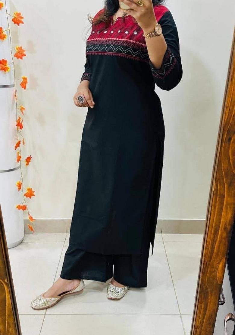 Black Embroidered Cotton Kurta Set - Indya