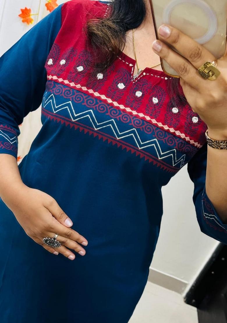 Blue Embroidered Cotton Kurta Set - Indya