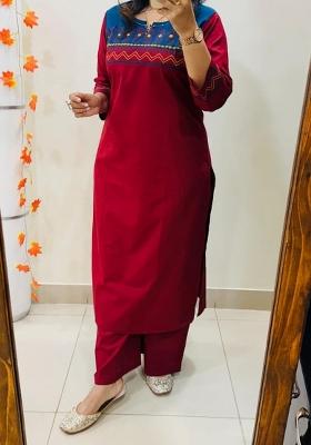 Red Embroidered Cotton Kurta Set