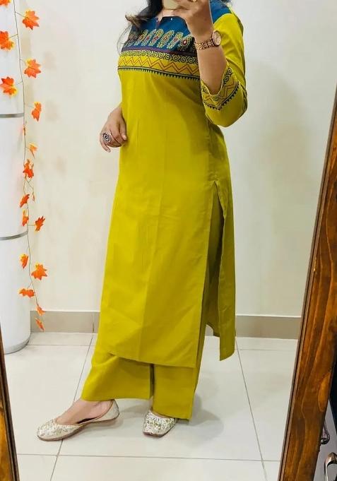 Yellow Embroidered Cotton Kurta Set