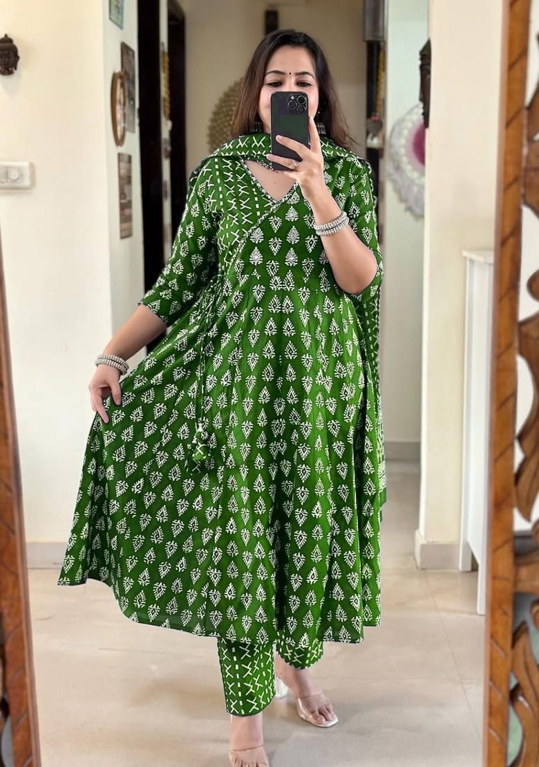 Green Printed Cotton Kurta Set - Indya