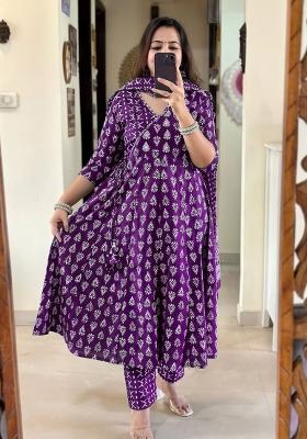 Purple Printed Cotton Kurta Set