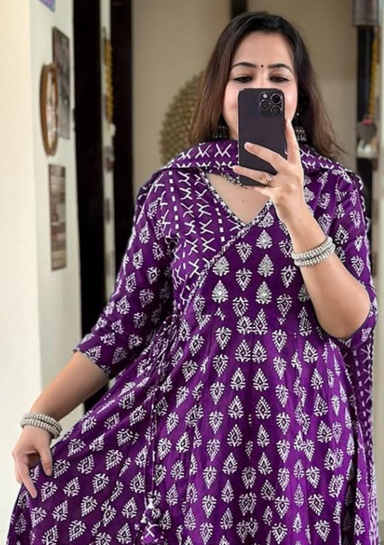 Purple Printed Cotton Kurta Set - Indya