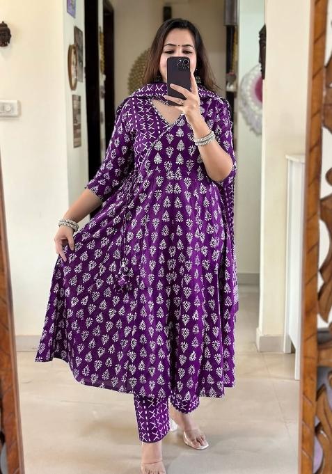 Purple Printed Cotton Kurta Set