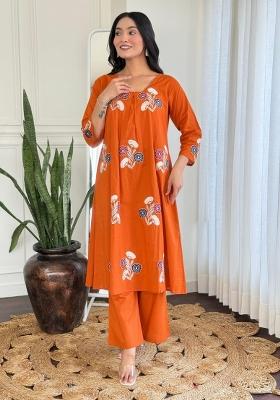 Orange Embroidered Cotton Kurta Set