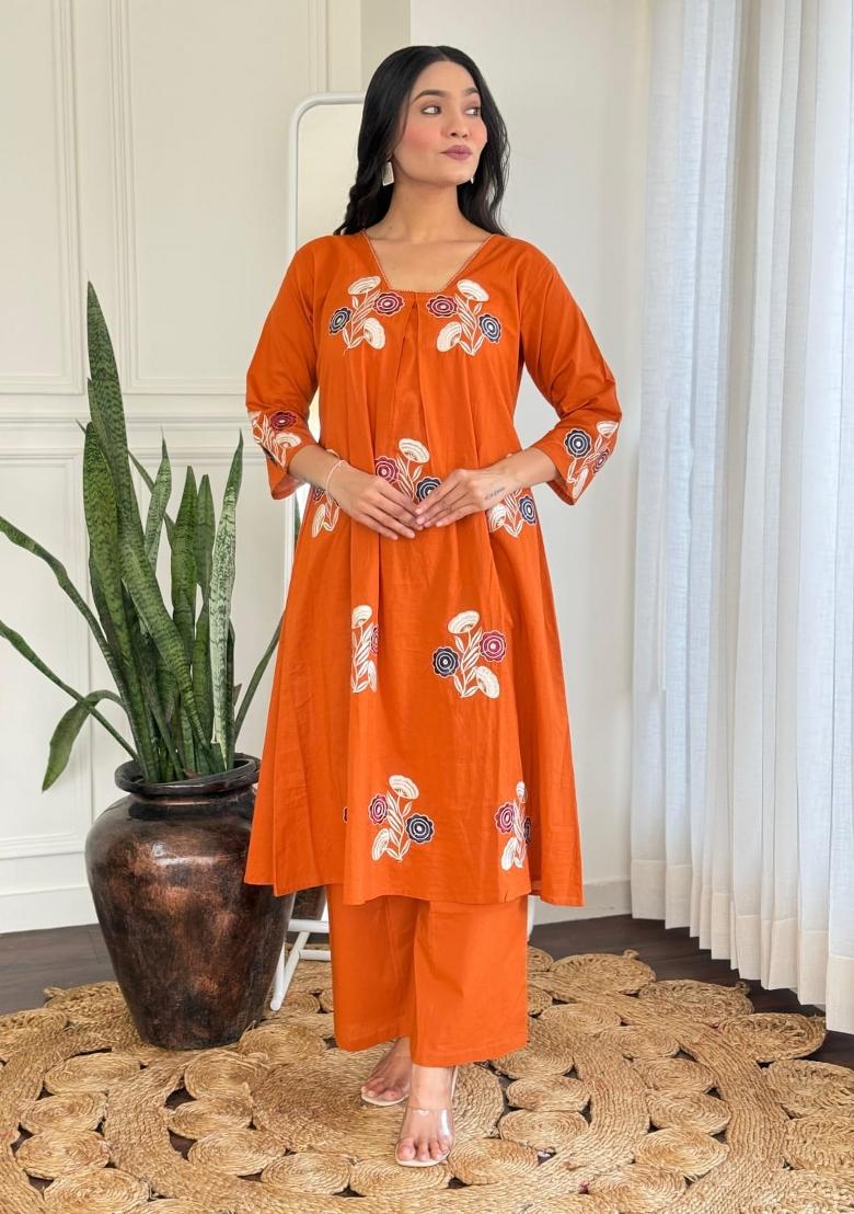 Orange Embroidered Cotton Kurta Set - Indya