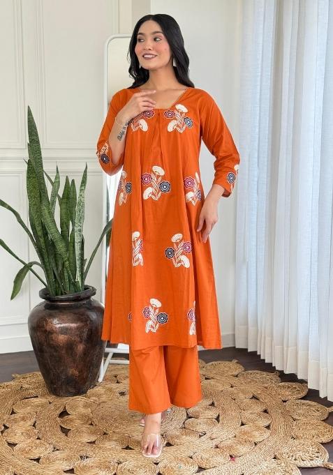 Orange Embroidered Cotton Kurta Set