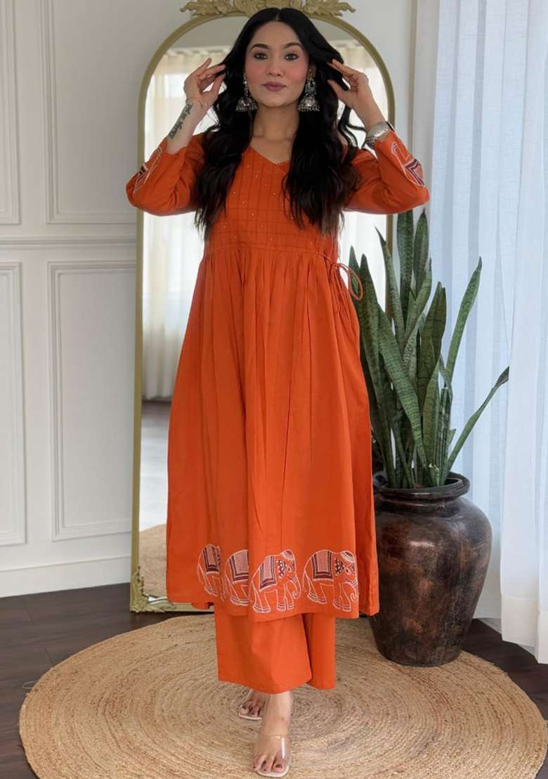 Orange Embroidered Cotton Kurta Set - Indya