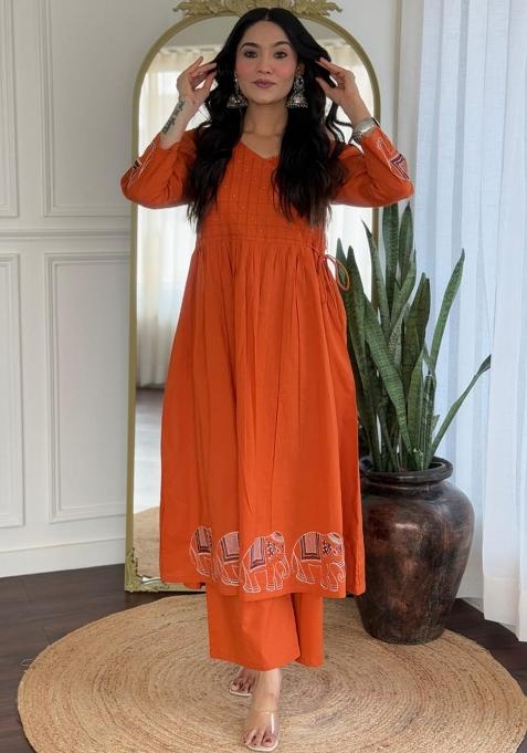 Orange Embroidered Cotton Kurta Set