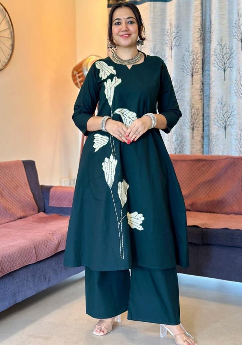Green Embroidered Cotton Kurta Set - Indya