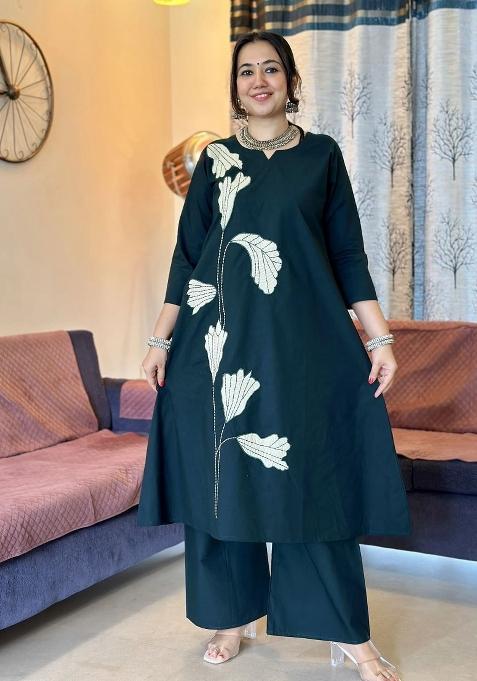 Green Embroidered Cotton Kurta Set