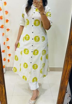 White Printed Cotton Kurta Set