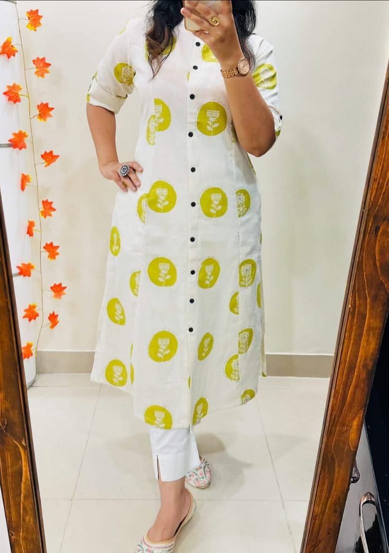 White Printed Cotton Kurta Set - Indya