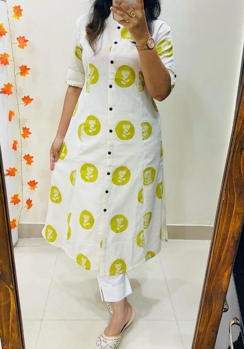 White Printed Cotton Kurta Set