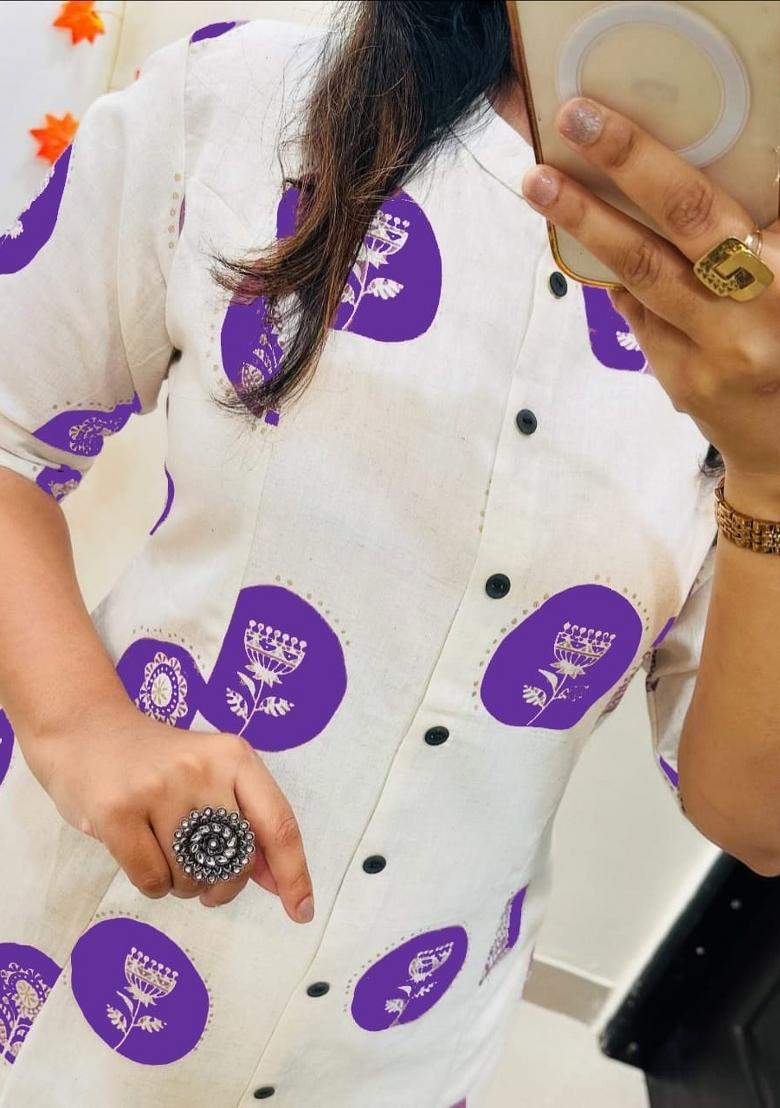 White Printed Cotton Kurta Set - Indya