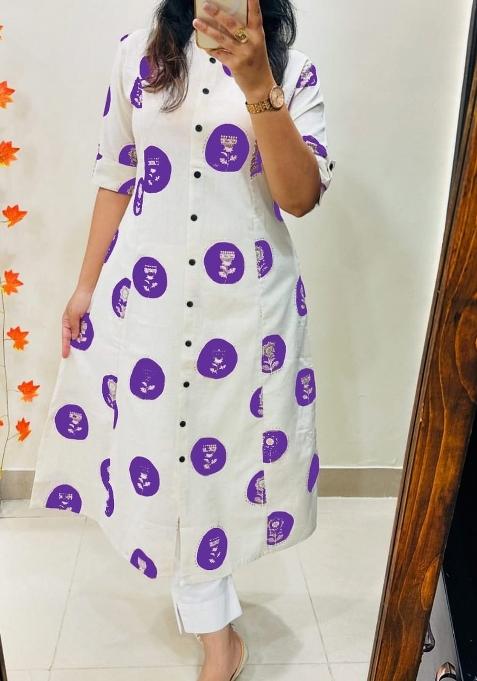 White Printed Cotton Kurta Set