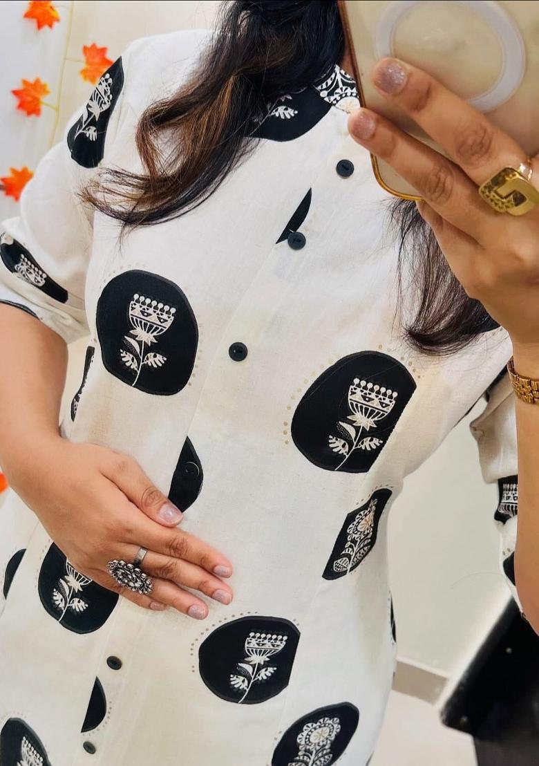 White Printed Cotton Kurta Set - Indya