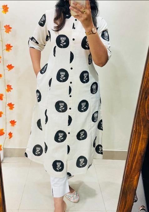 White Printed Cotton Kurta Set