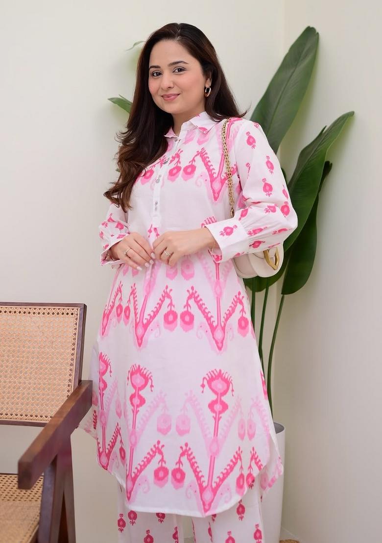 White Printed Cotton Kurta Set - Indya