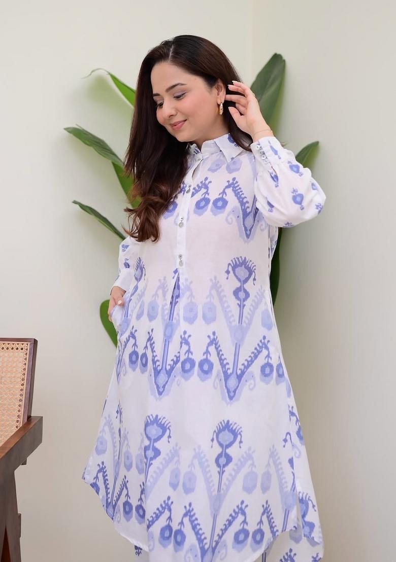 White Printed Cotton Kurta Set - Indya