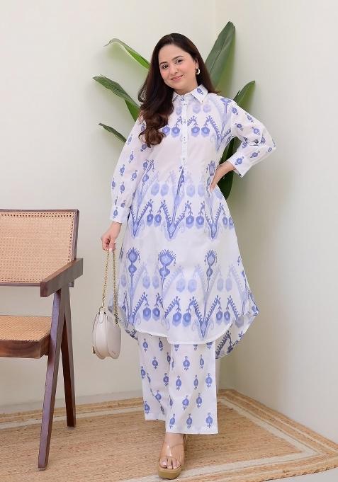 White Printed Cotton Kurta Set