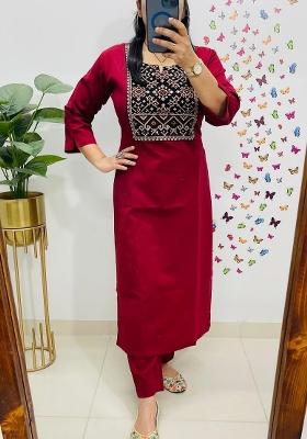 Red Embroidered Cotton Kurta Set