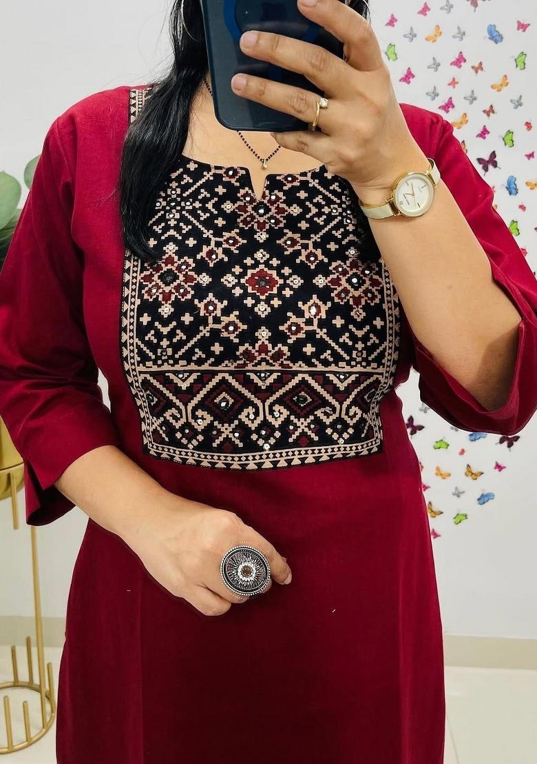 Red Embroidered Cotton Kurta Set - Indya