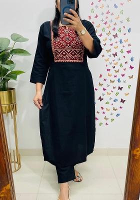 Black Embroidered Cotton Kurta Set
