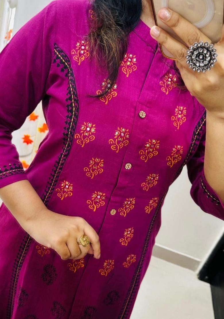 Purple Embroidered Cotton Kurta Set - Indya